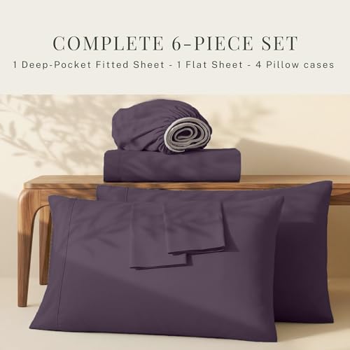 Image of Hearth & Harbor Extra Deep Pocket Sheets - Fits Mattress 18-24 Inches Deep - Extra Deep Pocket Split King Size Sets - 7 Piece Split King Size - Eggplant