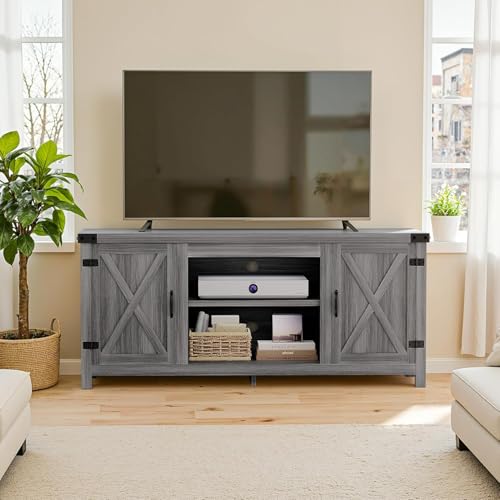 YESHOMY Modern Farmhouse TV Stand with Two Barn Doors and Storage Cabinets for Televisions up to 65+ Inch,Entertainment Center Console Table,Media Furniture for Living Room,Gray & Rustic