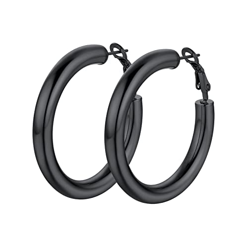 Image of Stainless Steel Chunky Hoop Earrings For Women, Minimalist and Chic, Black /Gold Plated, Round Hoops Earrings Hypoallergenic, Size: 30mm /40mm /60mm /80mm, Come with Box