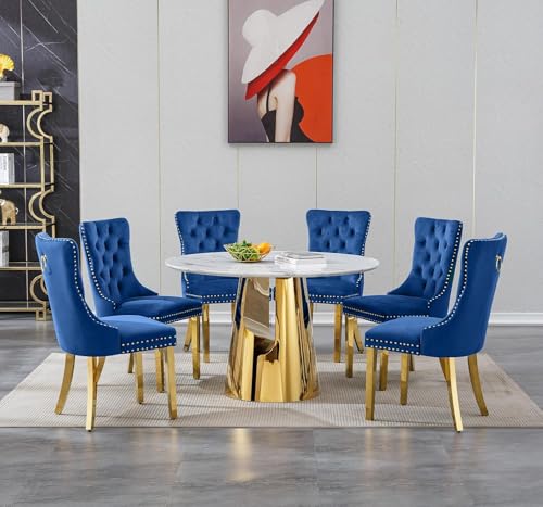 Image of 7-Piece Round Dining Table Set for 6, Modern Faux Marble Kitchen Table and Blue Velvet Chairs Set of 6, Luxury 45 inch Circle White Gold Dining Room Tables with Stainless Steel Base