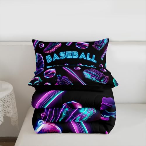 Image of Feelyou Baseball Theme Bedding Set Soft for Boys Girls, Blue Purple Comforter Set Toddler Size Baseball Bat Gloves Duvet Quilt Microfiber Games Shoes Bedroom Decor 2 Pcs with 1 Pillow Cases