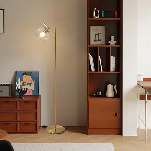 Image of Mid Century Modern Floor Lamp for Living Room Retro Vintage Brass Standing Light Industrial Cognac Glass Globe Floor Freestanding Lamp for Office Hotel Bedroom
