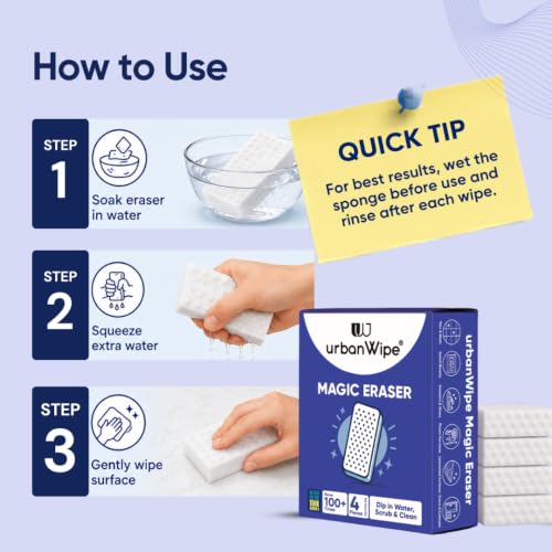 Image of UrbanWipe Magic Eraser Cleaning Sponge | Pack of 4 | Powerful Multi-Purpose Stain Remover | No Chemicals Required | Effortlessly Cleans Walls, Kitchens, Bathrooms, Shoes, Switch Boards & More