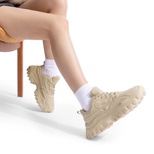 DREAM PAIRS Women Chunky Fashion Sneakers Platform Bold Lace-Up Comfortable Sneakers,Size 6.5,Apricot,SDFN2368W
