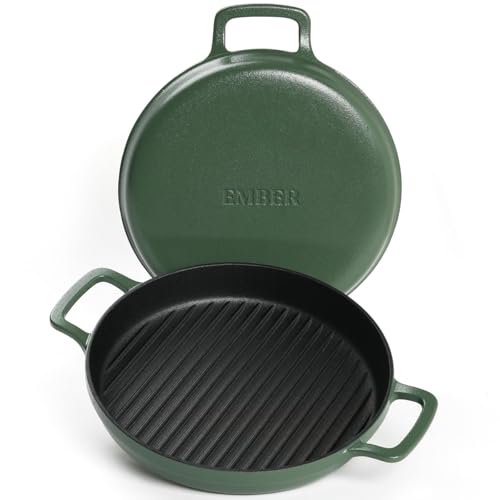 Image of Ember Cookware Pre-Seasoned Cast Iron Grill Pan 26 cm | 10-Year Warranty | Heavy Duty Induction Cookware | Cast Iron Cookware | Non-Toxic Tandoor Grill Pan for Kebab, Vegetables & Sandwich | Green