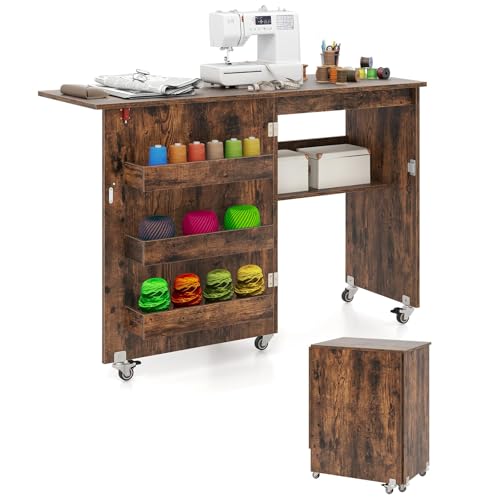 FANTASK - FANTASK Table de Couture et Bureau Pliable avec 3 étagères, Armoire de Machine à Coudre 2 en 1 pour bobines et roulettes verrouillables, Armoire à Couture en Bois pour Bureau, Salon et Chambre à