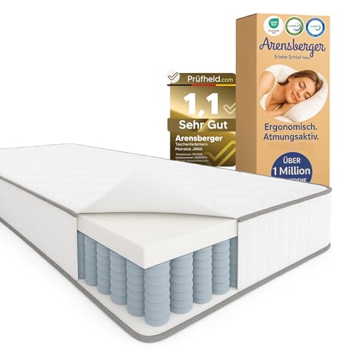 Arensberger JANA Matratze 90x200 cm Höhe 19cm AKTIV | Federkernmatratze mit Kaltschaum und 7-Zonen | Härtegrad H2/H3 | Taschenfederkern | 90x200cm Rollmatratze punktelastisch