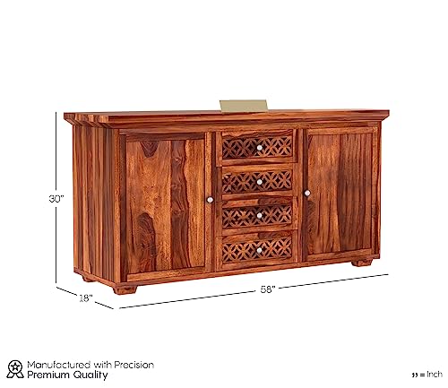 Image of Solid Sheesham Wood Wooden Sideboard Storage Cabinet & Chest of Drawer : Ideal for Living Room and Bedroom with 4 Drawers and 4-Shelf Storage (Cambrey, Honey Finish)