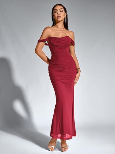 Image of KUTUMAI Off The Shoulder Maxi Long Dress Corset Ruched Bodycon Cocktail Formal Wedding Guest Dresses for Women