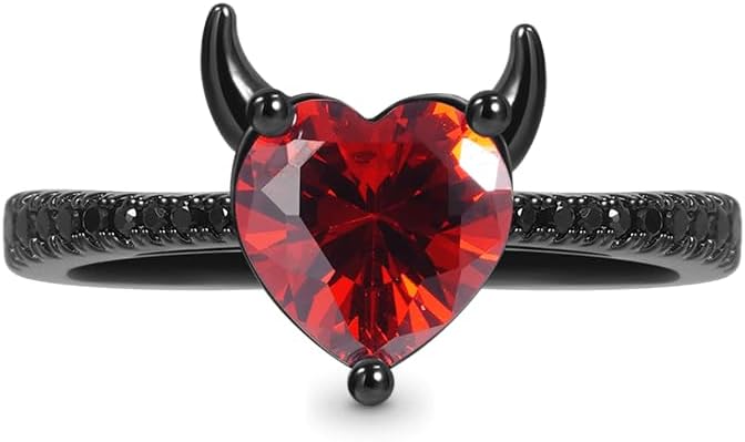 GNOCE Devil with a Kind Heart Ring 925 Sterling Silver Black Plated Inlaid with Red Heart CZ Stone and Black Zircon Stones (5-9)