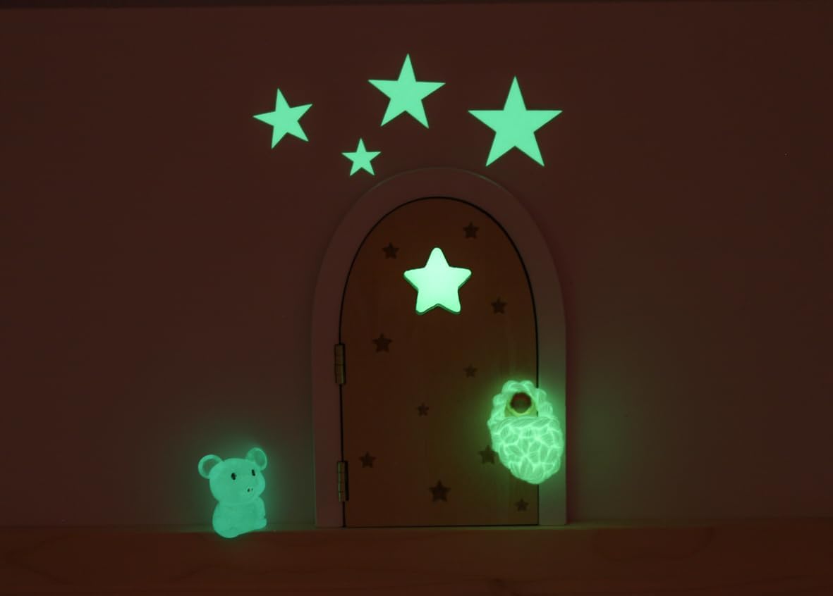 ORIGINAL. Kits mágicos Ratón Pérez – Puertas que brilla en la oscuridad con accesorios mágicos (Madera natural contrachapada ratoncito)