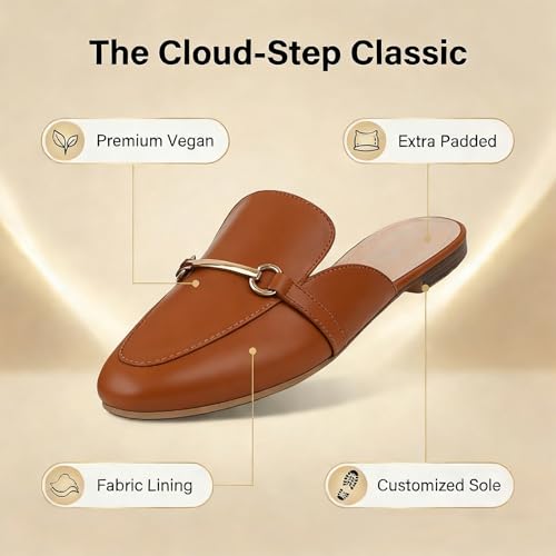Image of MUSSHOE Gold Buckle Mules for Women - Comfortable Memory Foam Loafers, Classy Slip On Flats for Office Business Casual, Dressy Pointed Toe Shoes