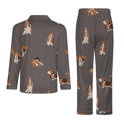 Basset Hound Dog Mens Pajamas Set Long Sleeve Button Down Top and Pants Sleepwear3