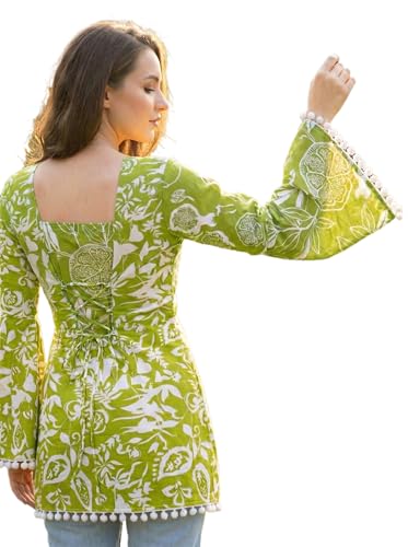 Image of Women's Premium Viscose Rayon Floral Printed Short Kurti | Stylish Bell Sleeves with Pom-Pom Lace | Teal Blue Tunic Top for Jeans & Office Wear