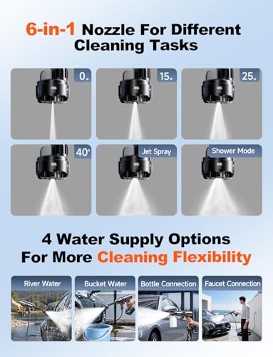 Image of Cordless Portable Car Washer, Handheld Washer with Brushless Motor, 6-in-1 Nozzle and 32 ft Detachable Hose, Battery Powered Washer for Car, Home, Outdoor Patio and Garden Use.
