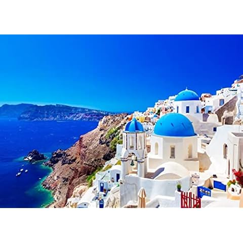 CORFOTO Fabric 5x3ft Greece Photo Backdrop Santorini Island Oia Village Backdrop Greece Photography Background for Greece Themed Party Banner Mamma Mia Birthday Decor Bridal Shower Photo Booth Props Cover
