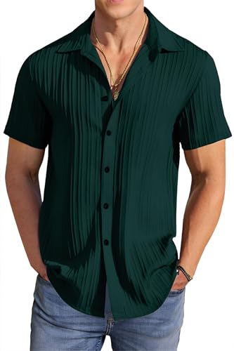 FILO HEVIS Men's Popcorn Textured Casual Stylish Shirt Half Sleeve. Dark Green-M