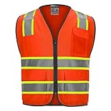 DPSAFETY 9 Pockets High visibility Class 2 Safety Vest，Hi Vis Vest with 2 inch wide Reflective Strips security vest with Zipper construction work vest for men &women Orange，XL