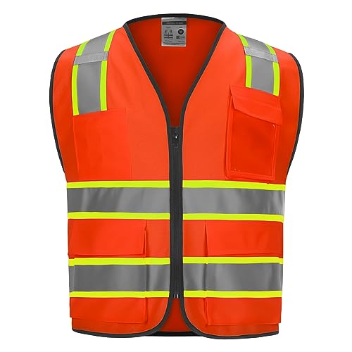 DPSAFETY 9 Pockets High visibility Class 2 Safety Vest，Hi Vis Vest with 2 inch wide Reflective Strips security vest with Zipper construction work vest for men &women Orange，XL