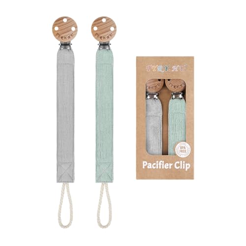Image of TYRY.HU Ribbon Pacifier Clip Holder,2 Pack Binky Paci Holder Clips, Pacifier Leash for Baby Boys and Girls, Soft Webbing Strap Universal Fits for Most Pacifier, Styles & Teethers Toys(Grey, Green)