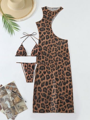 Women's 3 Piece Leopard Print Halter Tie Bikini Triangle Set with Beach Cover Up Dress High Cut Swimsuit Bathing Suit3