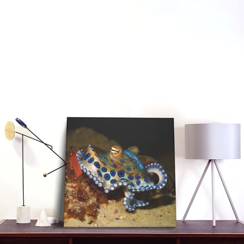 Toile pieuvre anneau bleu prête à accrocher - Tableau carré moderne encadré