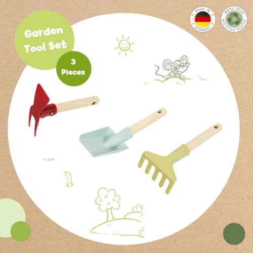 Theo Klein 7681 Gartenwerkzeug I Inkl. Handschaufel, Rechen und Doppelhacke mit kurzem Holzgriff I Recyclingkunststoff I Anti-UV, Spielzeug für Kinder ab 3 Jahren