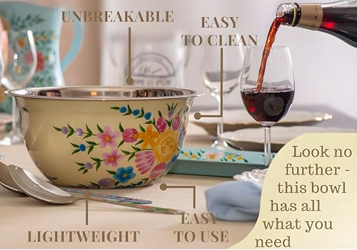 Large Hand Painted Stainless Steel Fruit Bowl - Decorative Floral for Salad Mixing and Serving - Traditional Kashmiri Art for Home Decor (Cream)