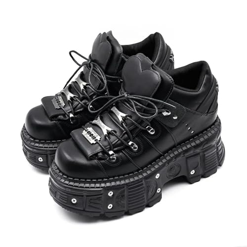 NYSDM Style Punk Femmes Chaussures Talon Lacets Hauteur 6CM Chaussures Plateforme Femme Gothique Cheville Rock Bottes Décor Métal Femme Baskets, Noir , 36 2/3 EU