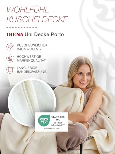 Ibena Porto Decke 150x200 cm – Baumwollmix weich, warm & waschbar, Kuscheldecke weiß einfarbig