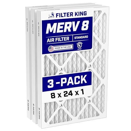 Filter King 8x24x1 Air Filter (MERV 8) (3-Pack) Dust & Allergy Control AC Furnace Filters, MADE IN USA, HVAC, Pleated, Electrostatic (Actual Size: 8 x 24 x .75)