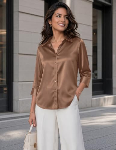Image of Zeagoo Womens Satin Blouses Button Down Shirts 3 /4 Sleeve Dressy Tops S-2XL