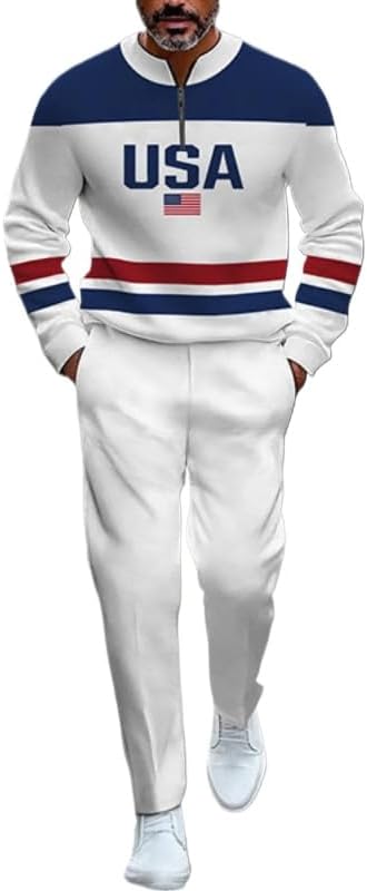 Men's half zip round neck sports shirt and pants two-piece set, casual sports golf jogging pants set