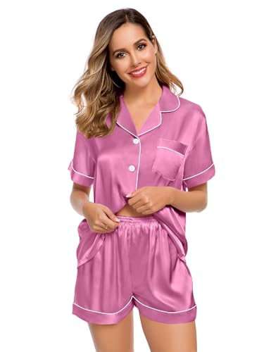 Image of LecGee Womens Silk Satin Pajamas Short Sleeve Loungewear Two-Piece Sleepwear Button-Down Pj Set Mauve Pink X-Large