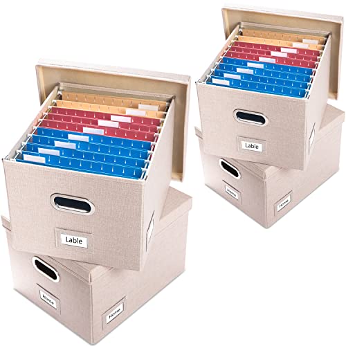 PRANDOM File Organizer Box - Set of 4 Collapsible Decorative Linen Filing Storage Hanging File Folders with Lids Office Cabinet Letter/Legal Size Light Grey (17x14x11.2 inch)