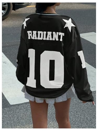 Verdusa Women's Jersey Shirt Long Sleeve Y2K Oversized V Neck Mesh Sport Graphic Tee Tops2