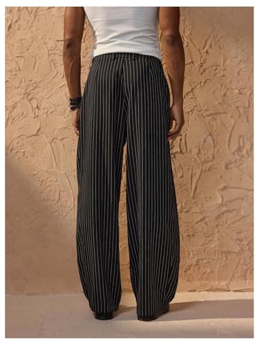 GORGLITTER Men's Striped Baggy Dress Pants Wide Leg Zipper Fly Business Work Pleated Trousers with Pockets3