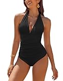 Picture of AI'MAGE Women's One Piece Swimsuit Tummy Control Halter Ruched Bathing Suits Black