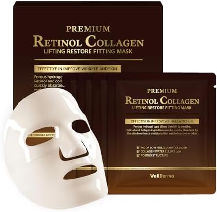 WELLDERMA Retinol Peptide Lifting Restore Hydrogel Fitting Mask, 25g x 4 Sheets โ Firming & Hydrating Micro-Hole Sheet Mask with Retinol, Peptide Complex, Collagen Water & Niacinamide