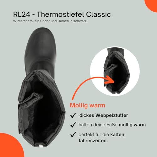 RL24 - Kinder & Damen Thermostiefel Classic schwarz | wasserdichte Winterstiefel | mit Klettverschlüssen für verstellbare Wadenbreite | gefütterte Schneestiefel | Reitstiefel in Größe 41