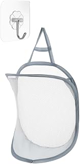 Hanging Laundry Bag, Collapsible Mesh Hamper with Storage Basket, Space-Saving Door Mount Clothes Organizer, Portable Wash Bin for Home, Dorm, Bathroom, 1 Hook + 1 Basket Set