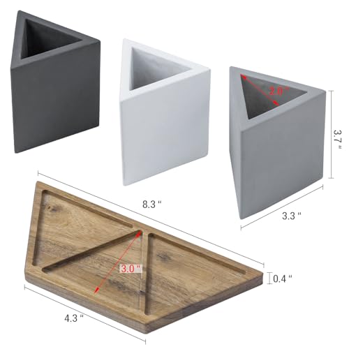 Image of MyGift Modern Concrete Desk Organizer Set with 3 Triangular Gray-Tone Pen Holders and Acacia Wood Tray, 4-Piece Office Storage Solution for Pens, Pencils, and Supplies