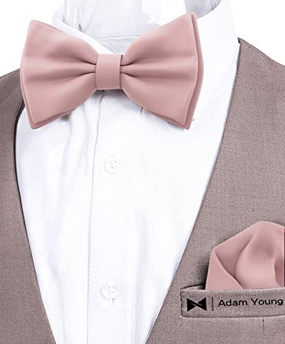 Image of Adam Young Men's Bow Ties with Handkerchief Pre-Tied Style Formal Satin Classic Bowtie for Tuxedo Faux Silk