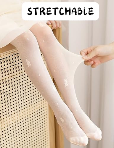 Girls Rabbit Print Tights White Soft Stockings Breathable Stretchy Pantyhose for Ages 8-12 Cute Bunny Printed Hosiery for Kids3