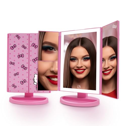 Impressions Vanity Hello Kitty Pink A Dot Trifold LED Makeup Mirror with Artwork Vanity Mirror with Strip LED Tri Tone Light Dual Magnification Touch Sensor and Adjustable Tilt Catchall Storage