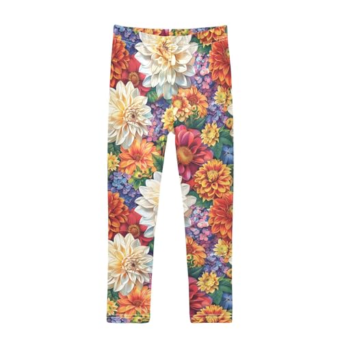 Multicolored Dahlia Flowers Girls Leggings Soft Stretch Workout Yoga Dance Pants for Kids Casual Tights