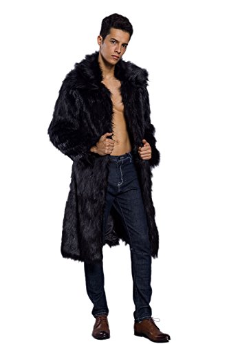 Amore Bridal Mens Faux Fur Coat Long Black Jacket Warm Furry Overcoat Outwear (4XL, Black)