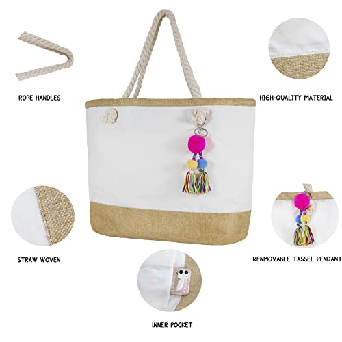 Hibala Large Beach Bag Beach Tote Weaving Shoulder Bag Tassel Bag Handbag With Pockets For Family Beach Vacation (Classic Tassel) #TOP4