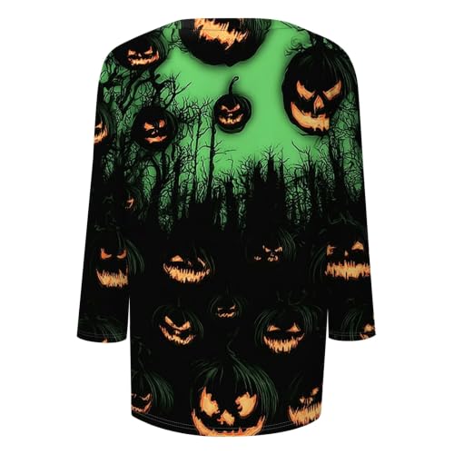 Image of Women Spooky Halloween Graphic Shirt 3 /4 Length Sleeve Crewneck Top | Halloween Funny Printed Pumpkin Plus Size Tshirts 2026 Fall Outfits Skeleton Tee Going Out Tops