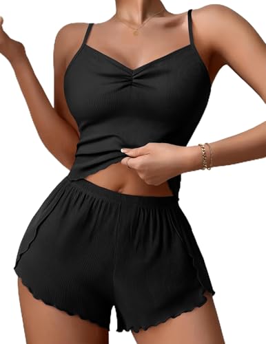 Image of Ekouaer Womens Cami Pajama Sets 2 Piece Ribbed Knit Lingerie Sleeveless Tank Top and Shorts Camisole Pjs Sleepwear